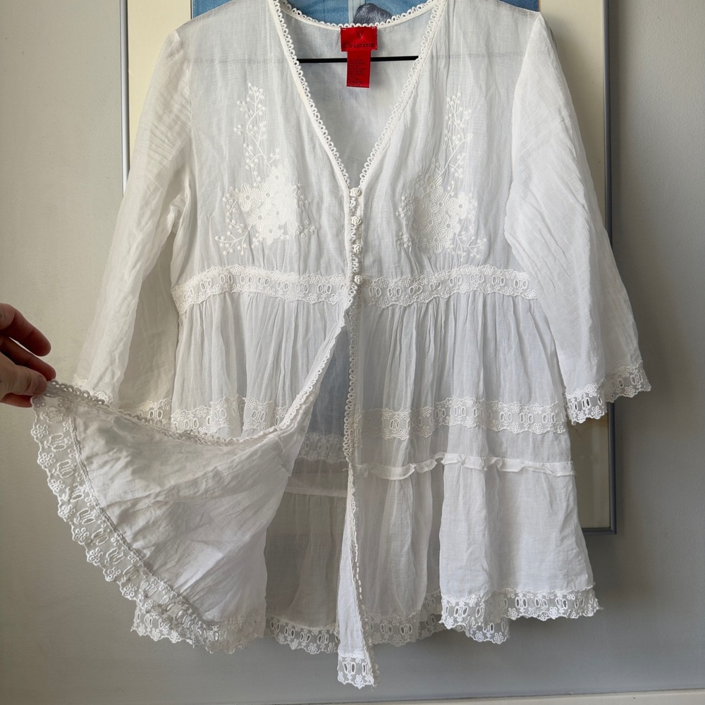 Coquette Cottagecore Vintage Cristina White Cotton Eyelet Lace Babydoll Top L